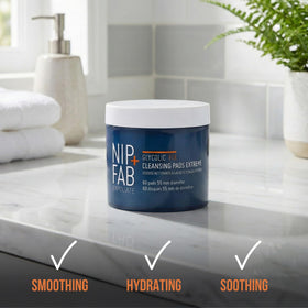 Open Nip+Fab tub with stacked pads highlighting quantity and ready-to-use formula
