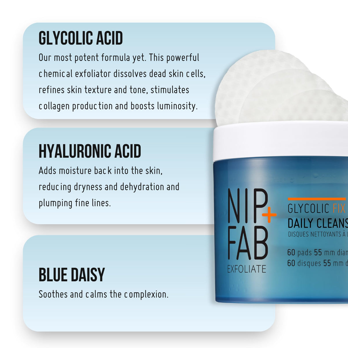 NIP+FAB open jar with stacked pads demonstrating convenience and refill-ready design
