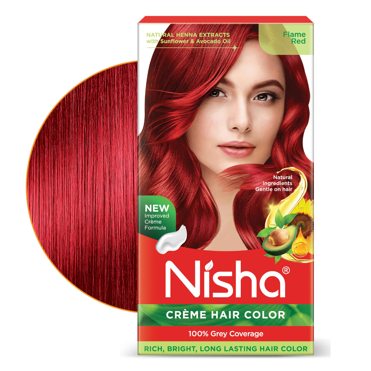 Nisha front packaging showing Flame Red box and benefits