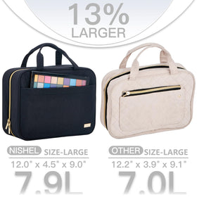 NISHEL close-up of interior compartments and elastic pockets for organized toiletries benefit