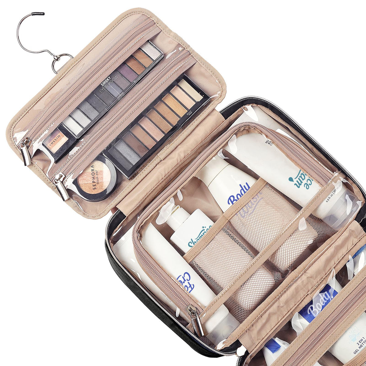 NISHEL elastic pockets and zippered pocket close-up holding bottles securely