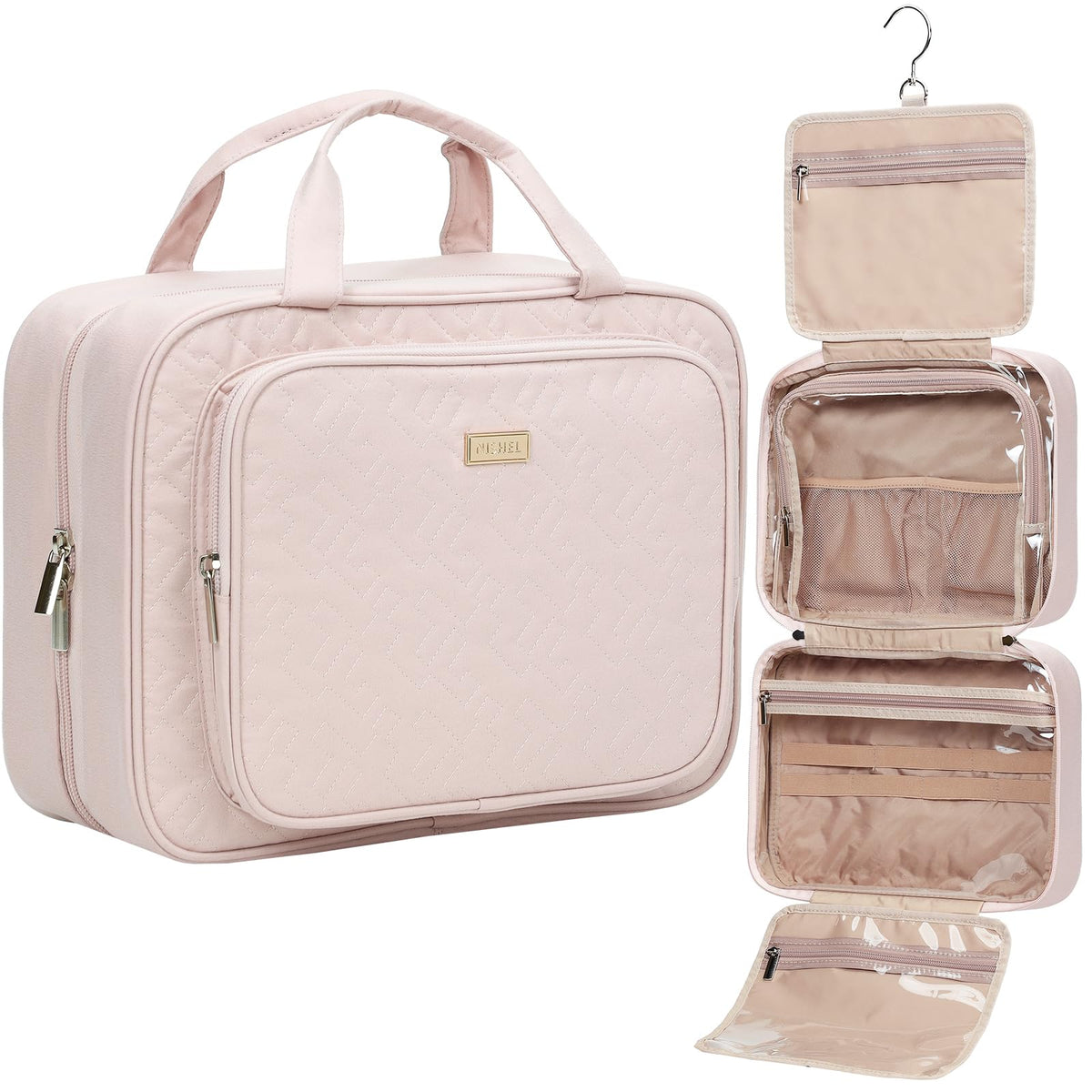 NISHEL front closed pink toiletry bag showing compact travel benefit