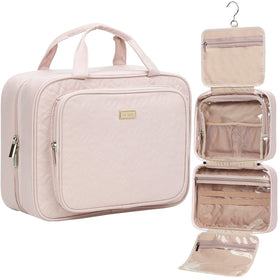 NISHEL front closed pink toiletry bag showing compact travel benefit