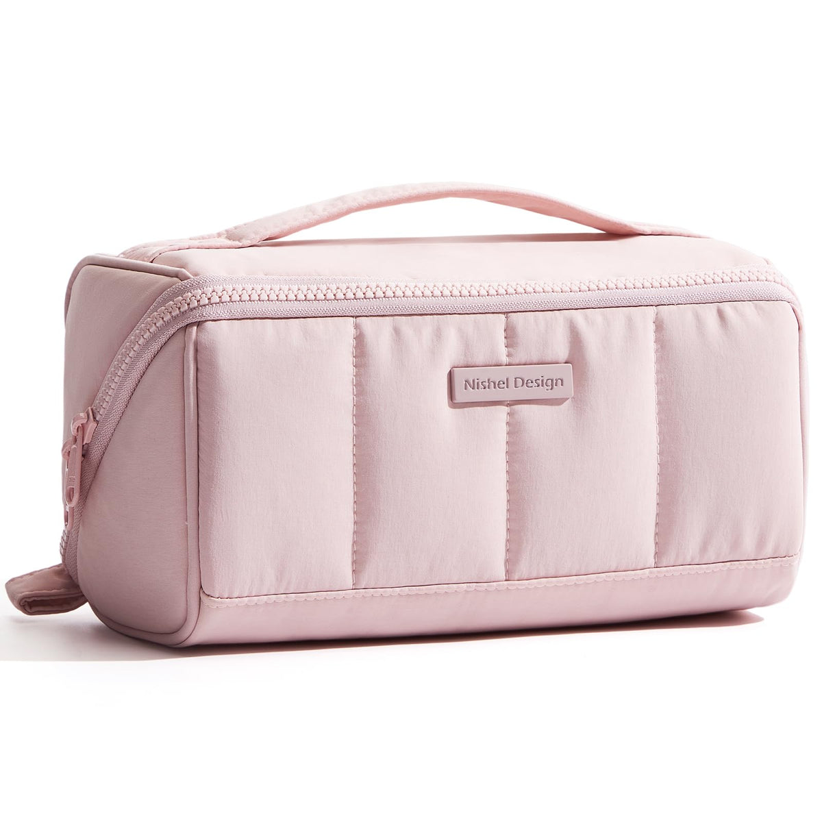NISHEL front view showing fluffy pink structured exterior and zipper, stylish storage