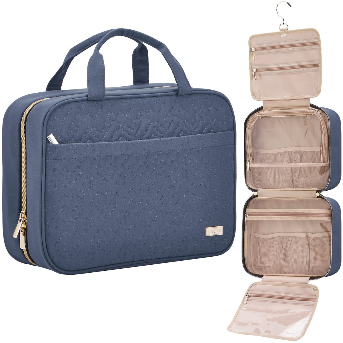 NISHEL front view of Aegean-Blue toiletry bag showing zip and pockets, durable travel organization