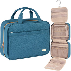 NISHEL lake-blue front view showing compact travel-ready toiletry bag and handle