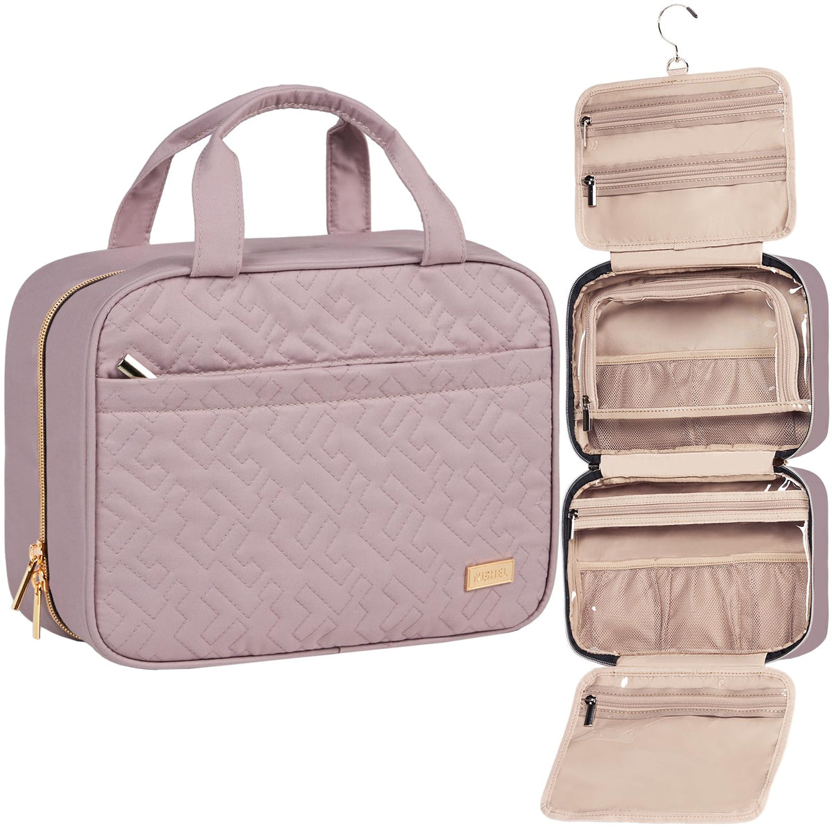 NISHEL front view peach pink toiletry bag, compact and stylish