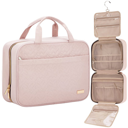NISHEL front view pink travel toiletry bag shows organized pockets and quick access
