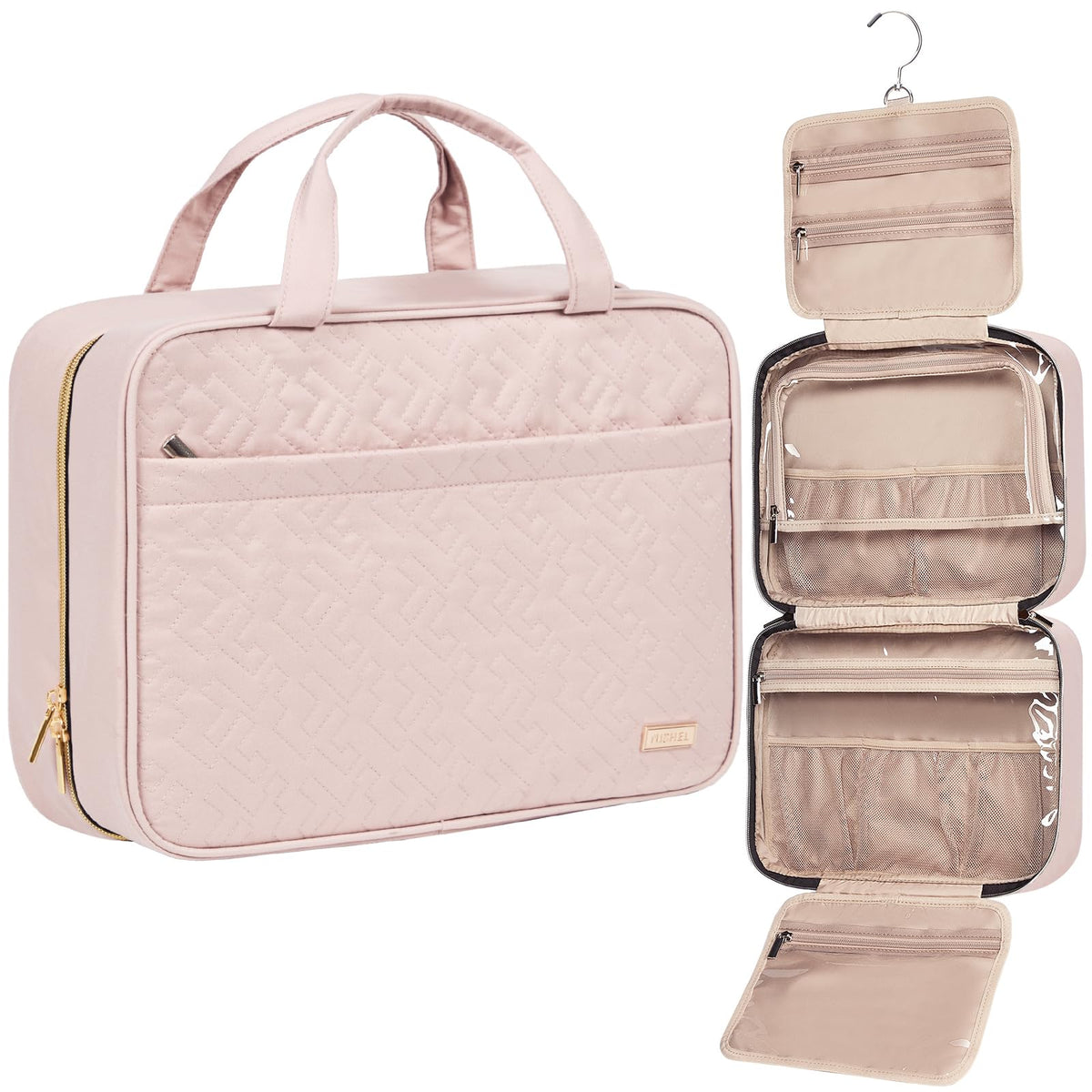 NISHEL front view of pink large toiletry bag showing shape and zipper convenience