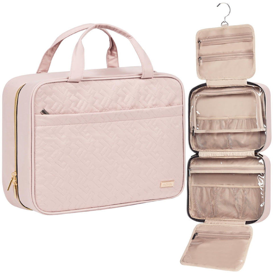 NISHEL front view of pink large toiletry bag showing shape and zipper convenience