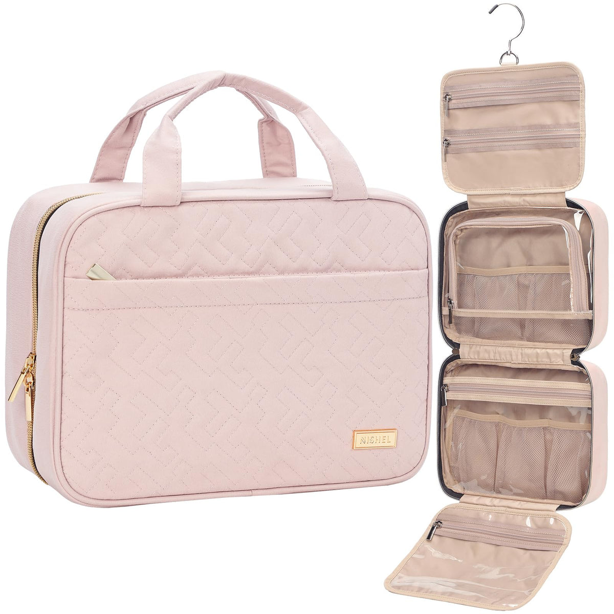 NISHEL front view pink travel toiletry bag shows compact design and zip pocket for easy packing