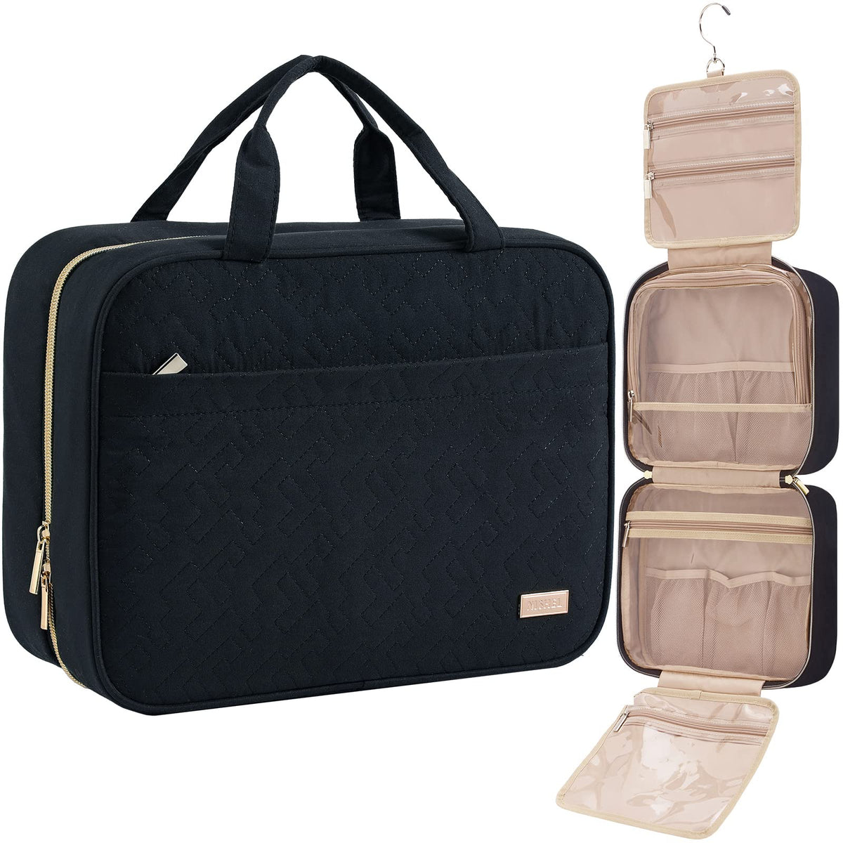 NISHEL front view showing compact black exterior and zippered front pocket benefit easy travel