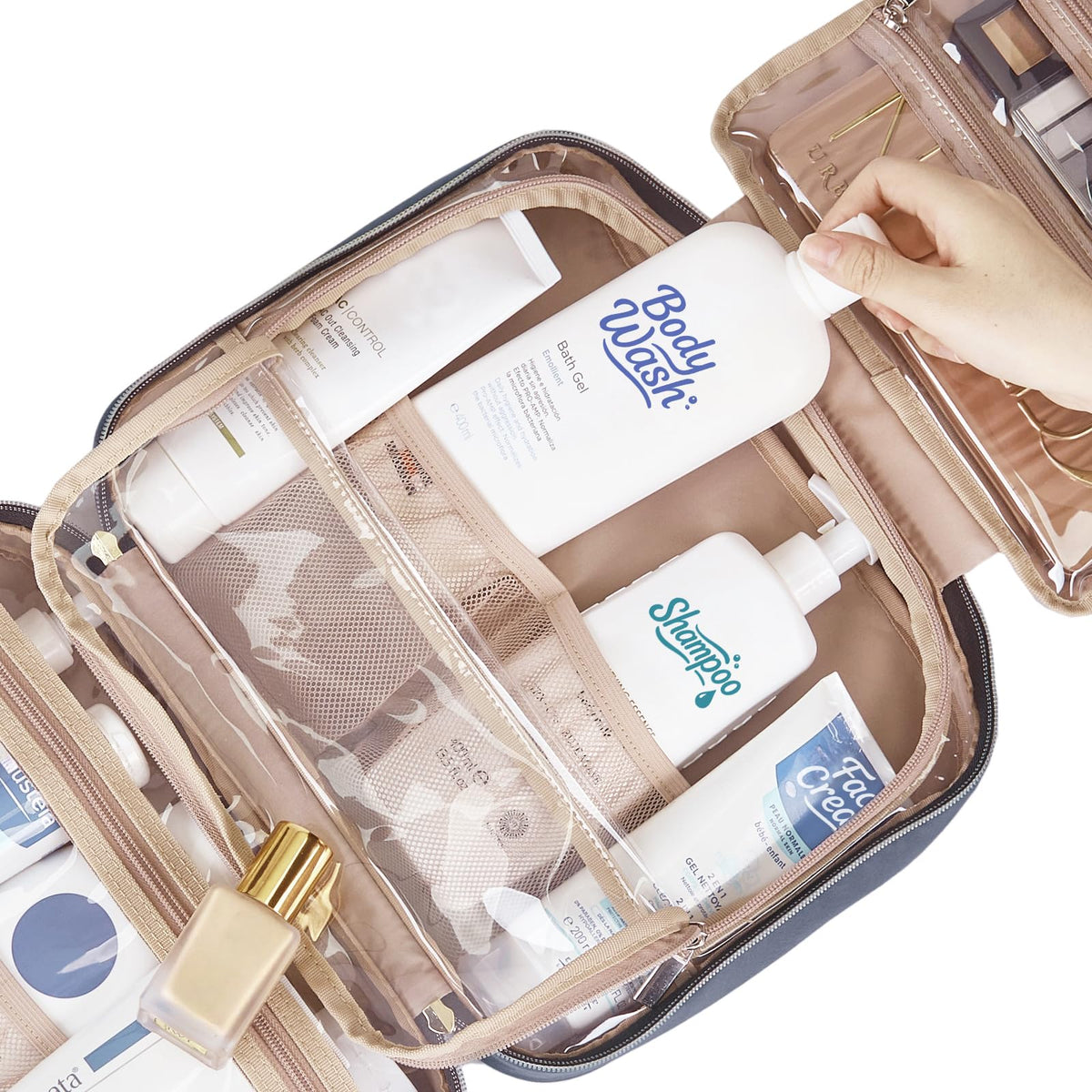 NISHEL filled with full-size shampoo and conditioner bottles, holds standard travel essentials