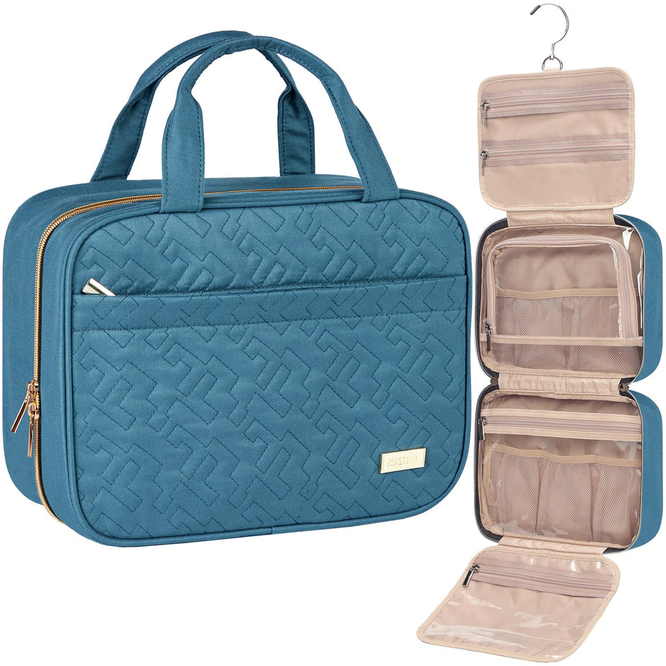 NISHEL lake-blue toiletry bag front view showing compact travel-ready design and zip pockets
