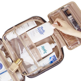 NISHEL filled with full-size shampoo and conditioner demonstrating high capacity benefit