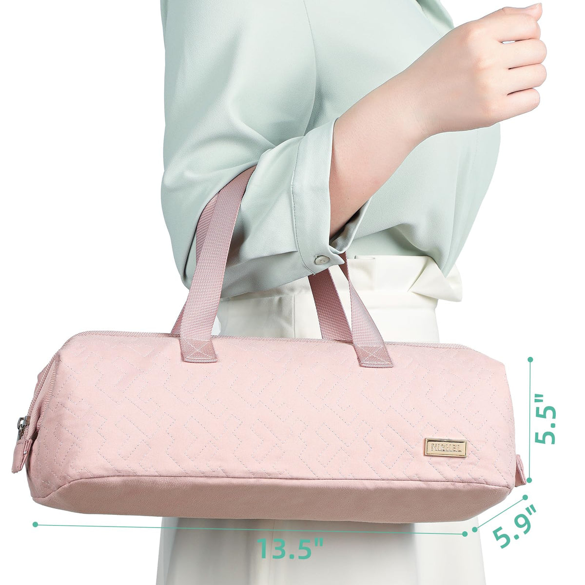 NISHEL bag with styler inside showing size comparison and travel readiness