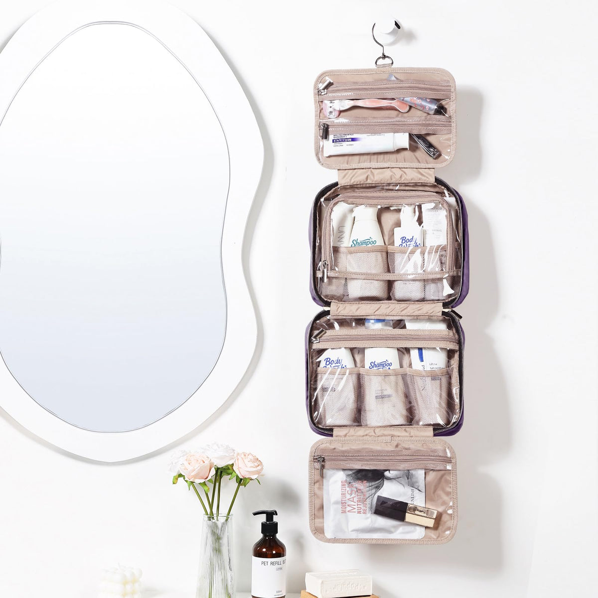 NISHEL unfolded and hanging to display organized compartments for quick access