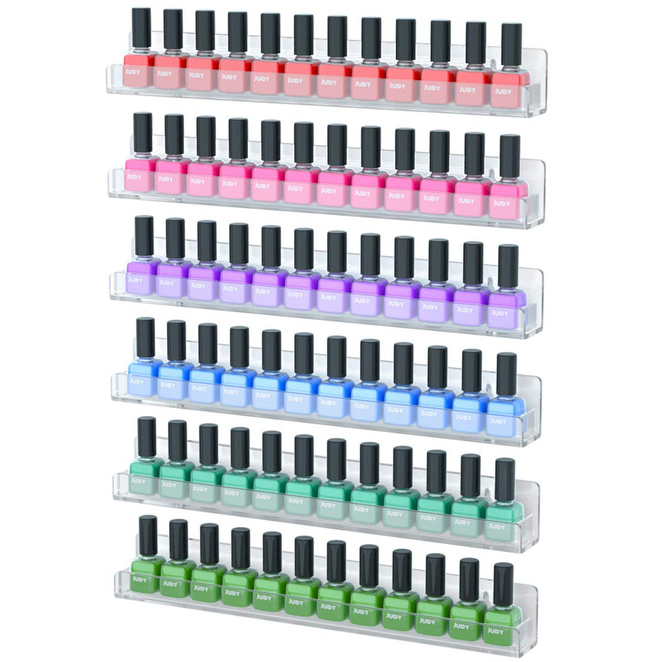 NIUBEE front view of six mounted shelves showing organized bottles and easy access