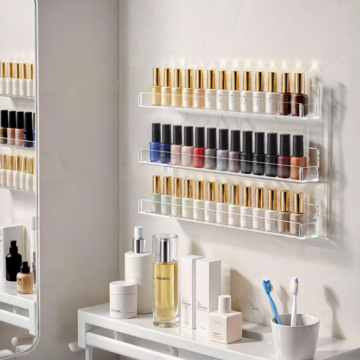 NIUBEE polish display on vanity demonstrating quick color selection benefit