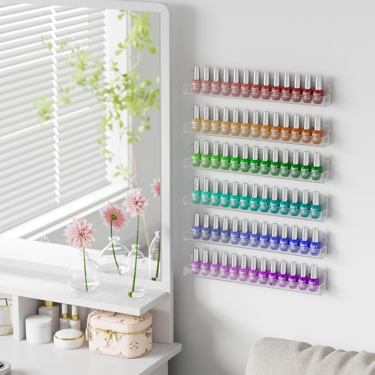 NIUBEE shelf beside a standard polish bottle showing capacity and fit advantage