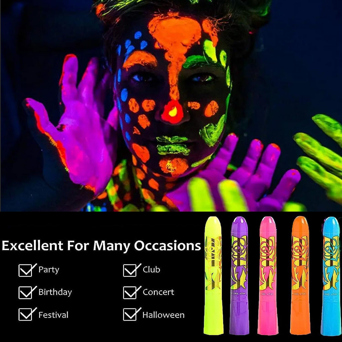 NIUEFH body art on arm demonstrating bold UV-reactive stripes and coverage
