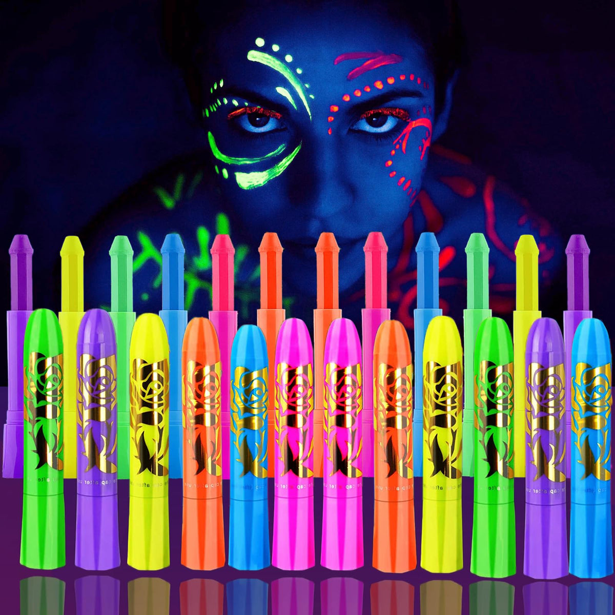 NIUEFH front packaging showing all 12 neon paint sticks and kit benefits