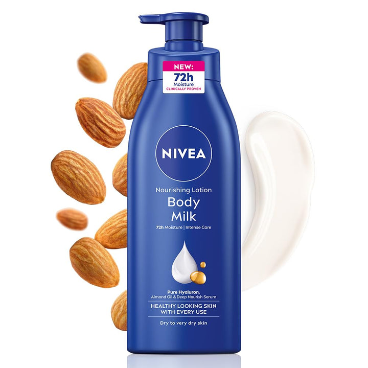 NIVEA front packaging of body milk showing 400ml bottle and brand clarity