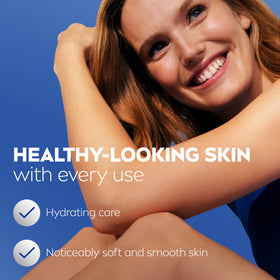 NIVEA bottle placed near shower, illustrating post-shower hydration benefit