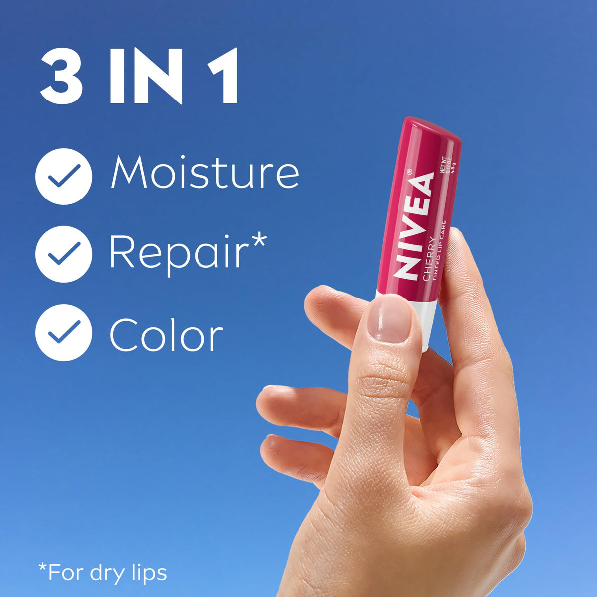 NIVEA close-up swipe showing sheer ruby tint and natural-looking color