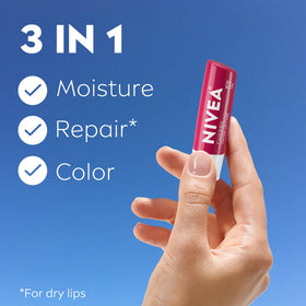 NIVEA close-up swipe showing sheer ruby tint and natural-looking color