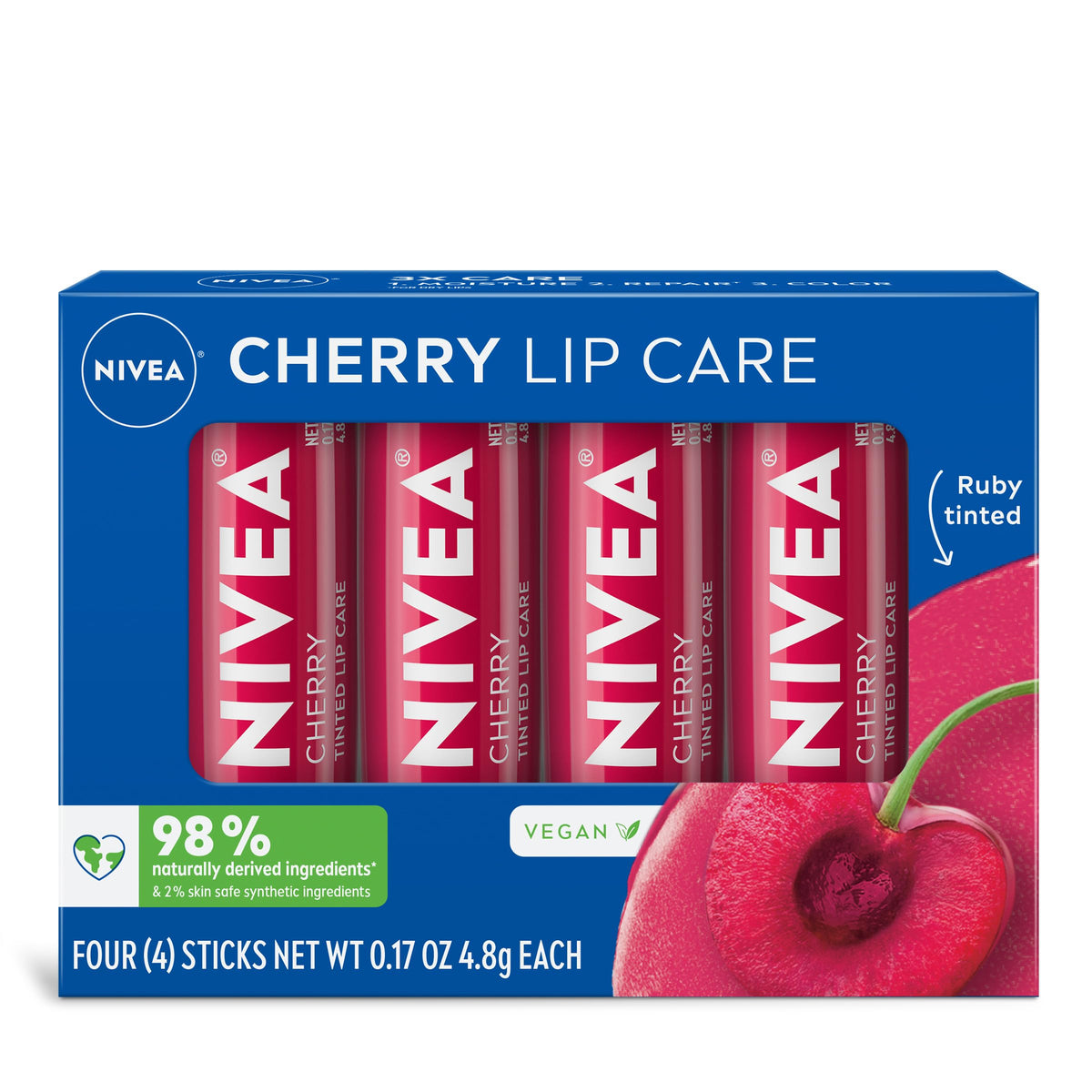 NIVEA front packaging showing cherry tinted lip balm and benefits