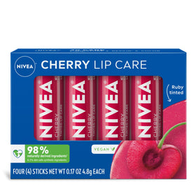 NIVEA front packaging showing cherry tinted lip balm and benefits