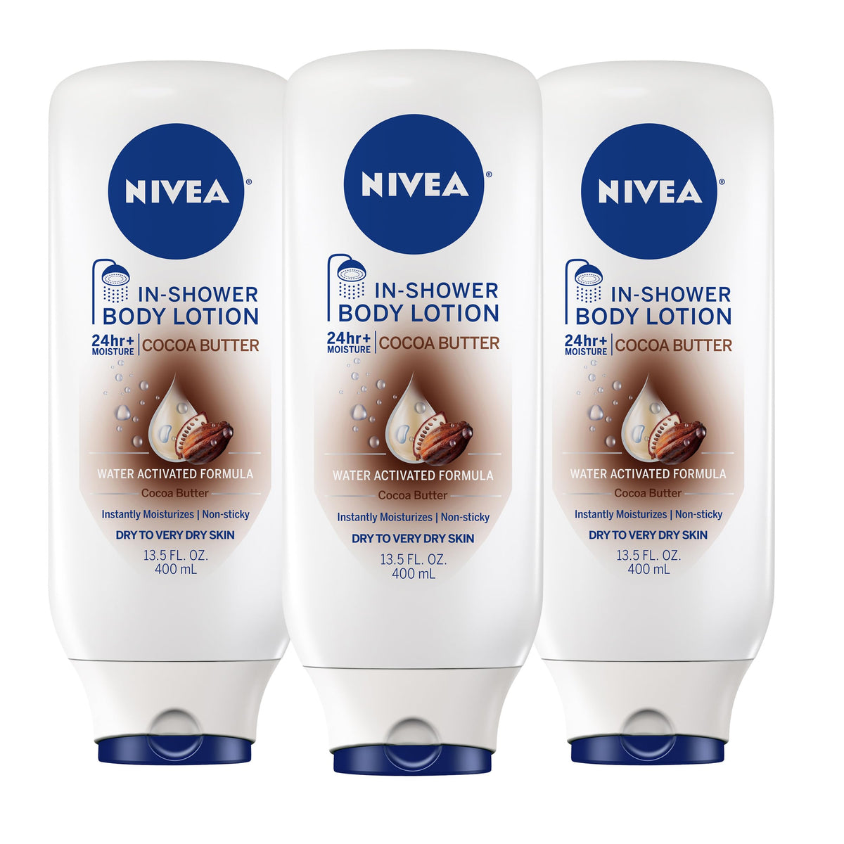 NIVEA front packaging showing bottle and cocoa butter hydration benefits