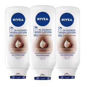 NIVEA front packaging showing bottle and cocoa butter hydration benefits