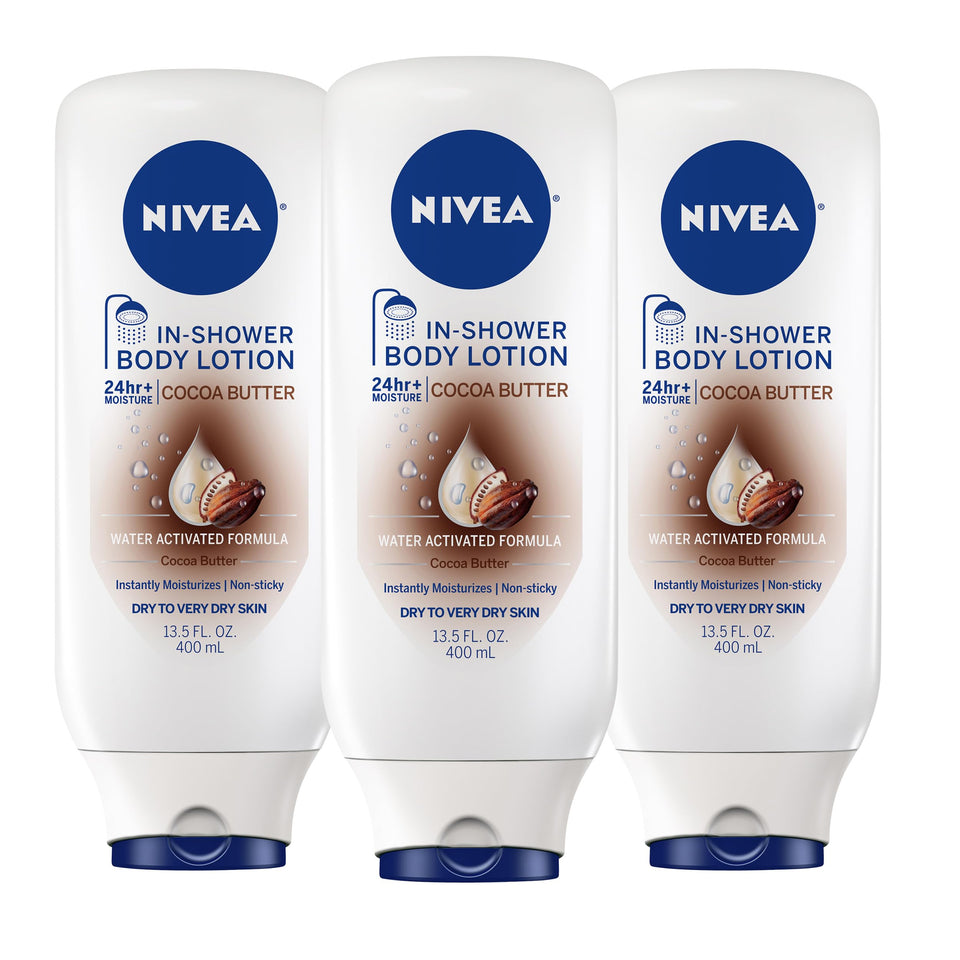 NIVEA front packaging showing bottle and cocoa butter hydration benefits