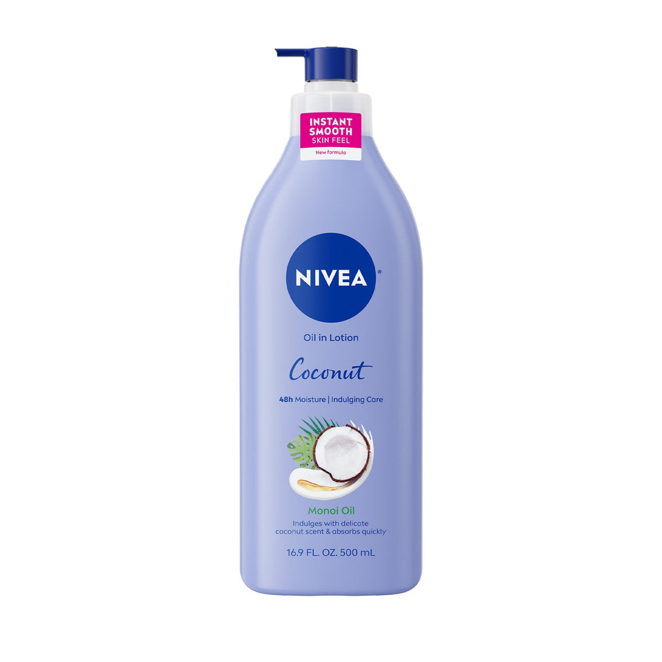 NIVEA front pump bottle showing coconut scent and 16.9oz size benefit