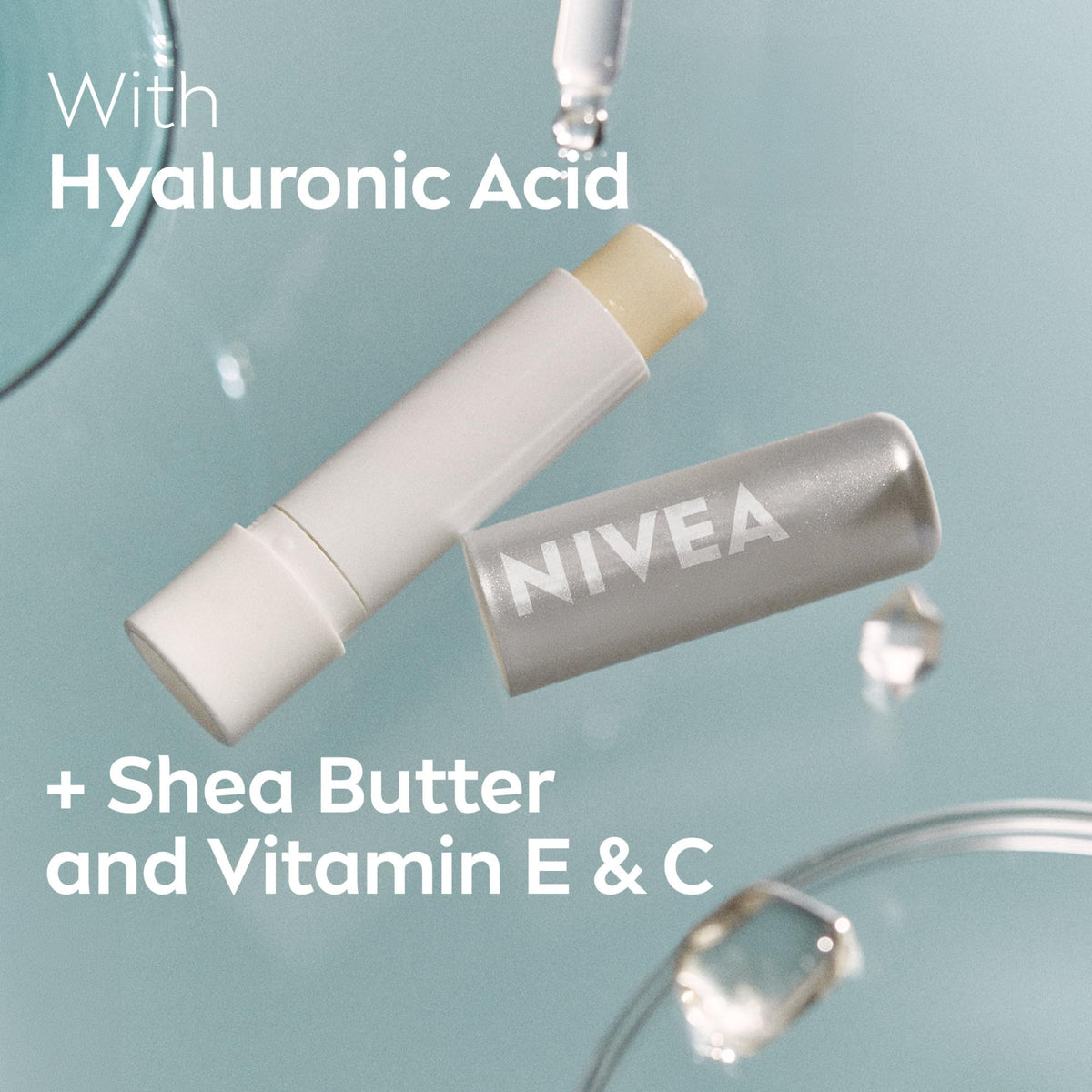 NIVEA balm applied on lips showing dewy finish and softened lines