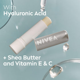 NIVEA balm applied on lips showing dewy finish and softened lines