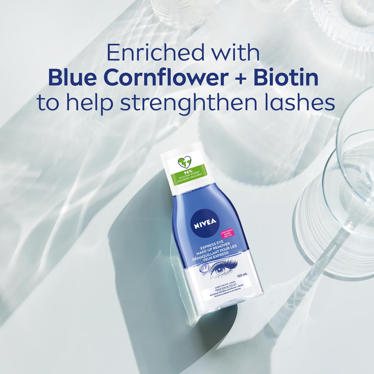 NIVEA in-use with cotton pad wiping eyelid demonstrating gentle, fast cleansing