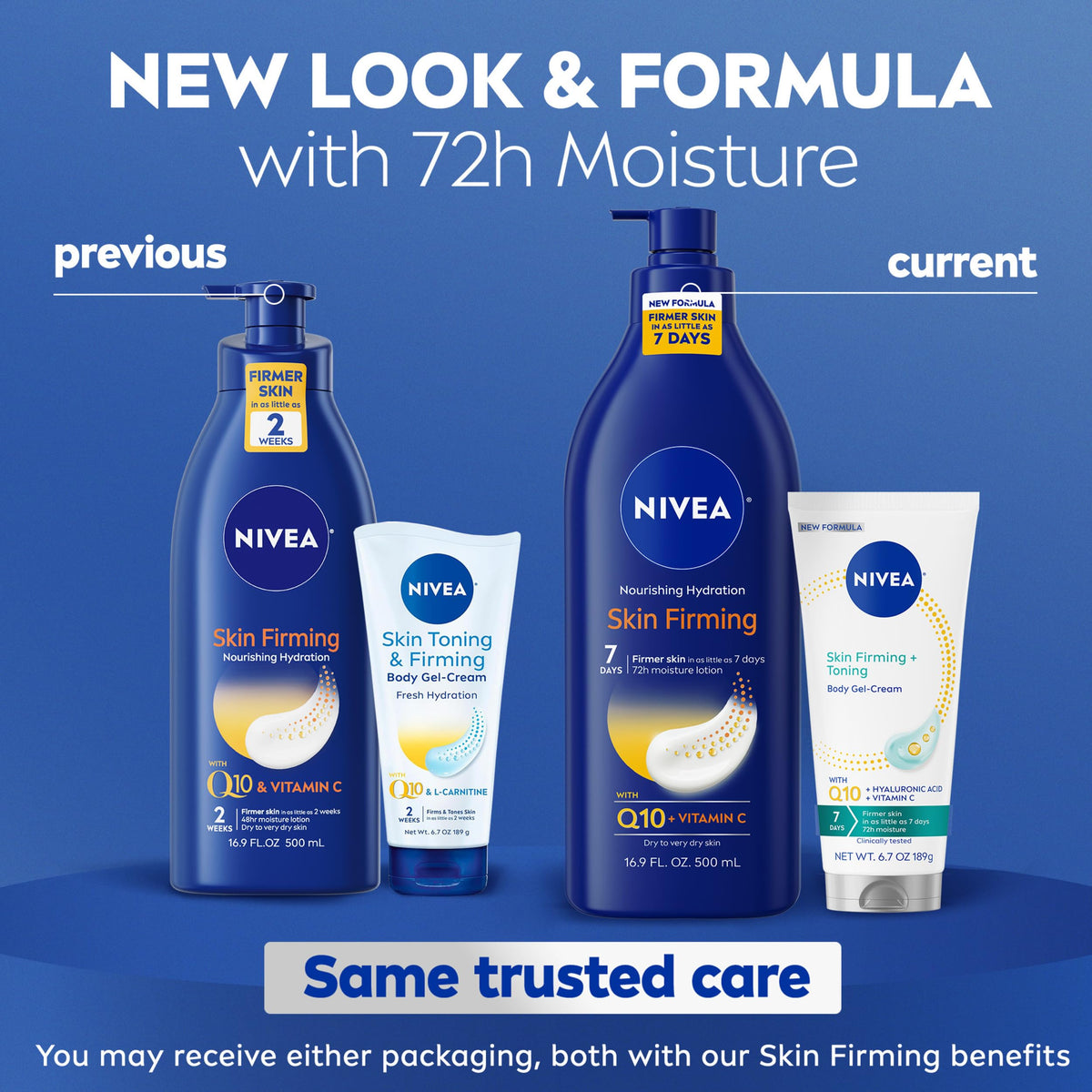 NIVEA skin firming gel cream tube front view highlighting active ingredients
