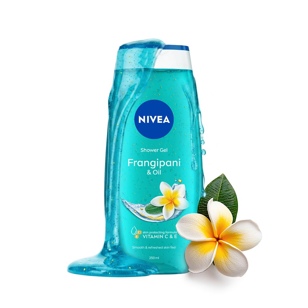NIVEA bottle front packaging showing frangipani design and benefits