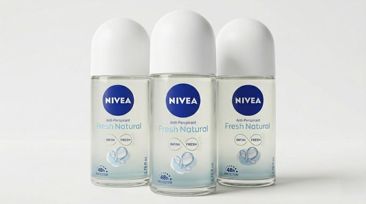 NIVEA Fresh Natural front packaging showing three 50ml bottles and clear branding benefit: convenient freshness