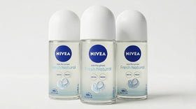 NIVEA Fresh Natural front packaging showing three 50ml bottles and clear branding benefit: convenient freshness