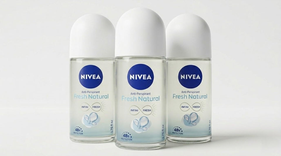NIVEA Fresh Natural front packaging showing three 50ml bottles and clear branding benefit: convenient freshness