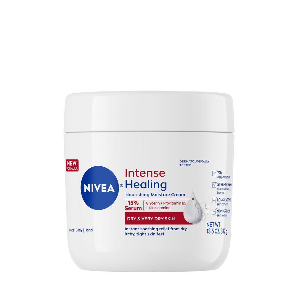 NIVEA jar front view showing 13.5 oz size and clear branding for reliable moisture