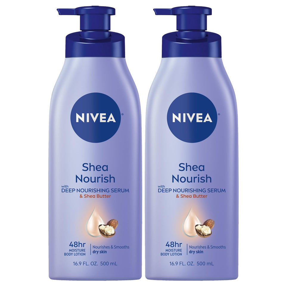 NIVEA front packaging showing bottle and shea butter benefit: daily hydration