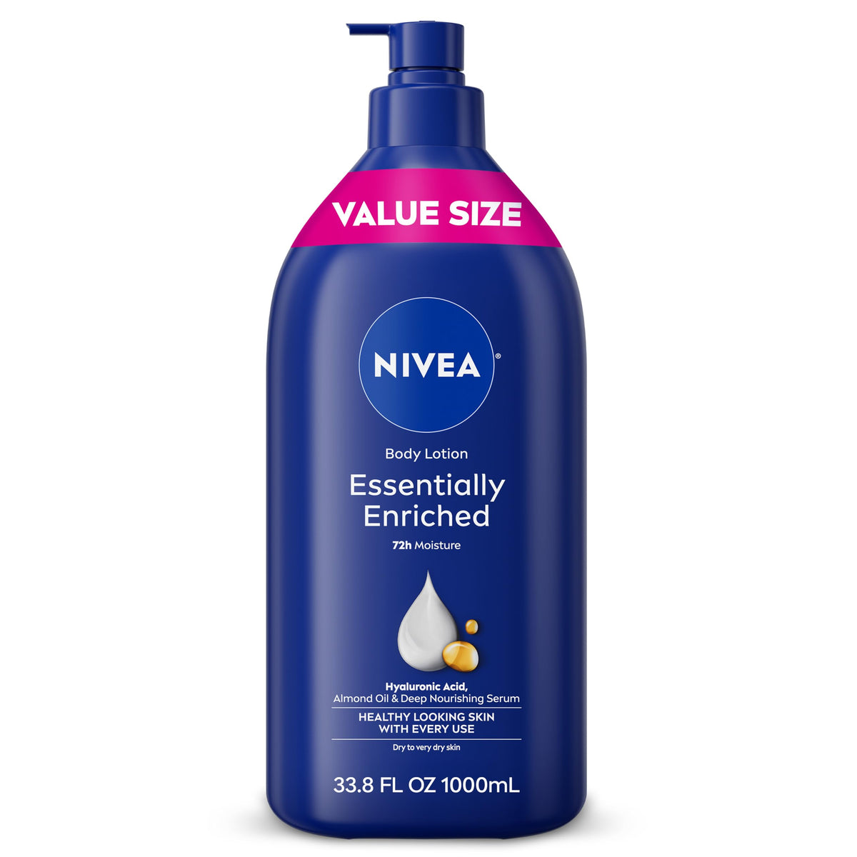 NIVEA front pump bottle showing label and large value size benefit