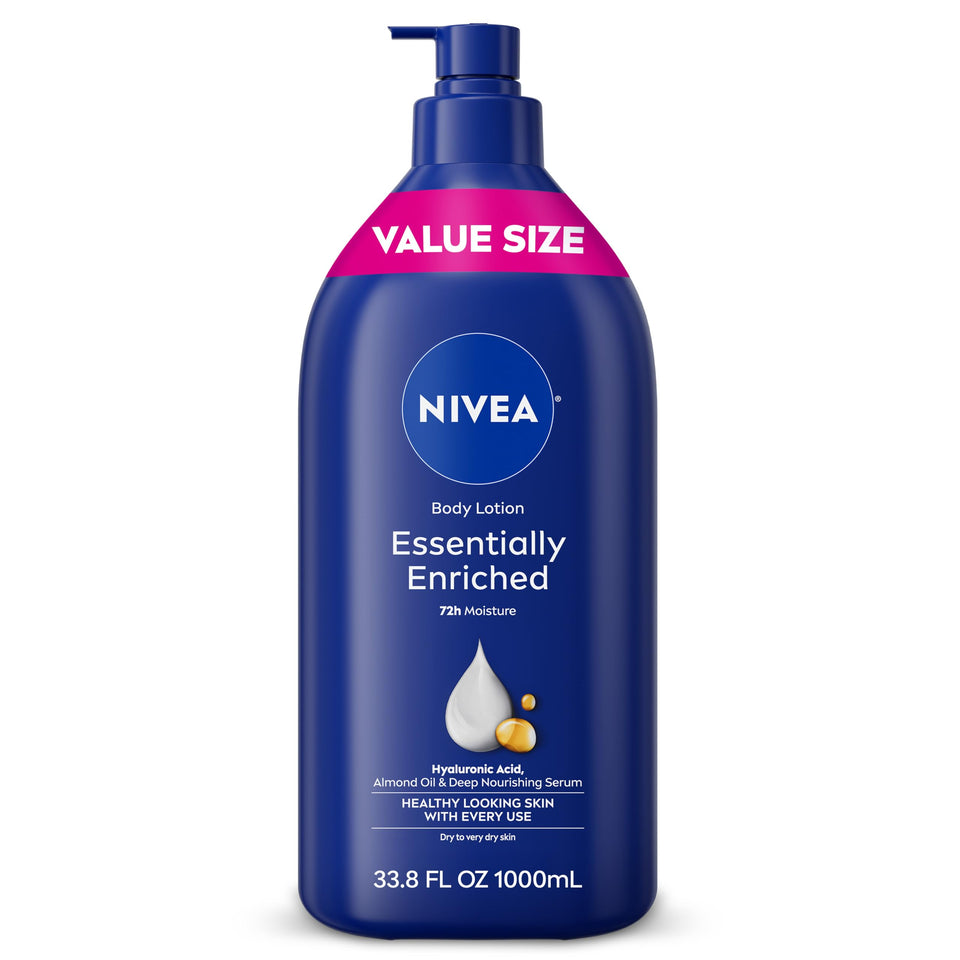 NIVEA front pump bottle showing label and large value size benefit