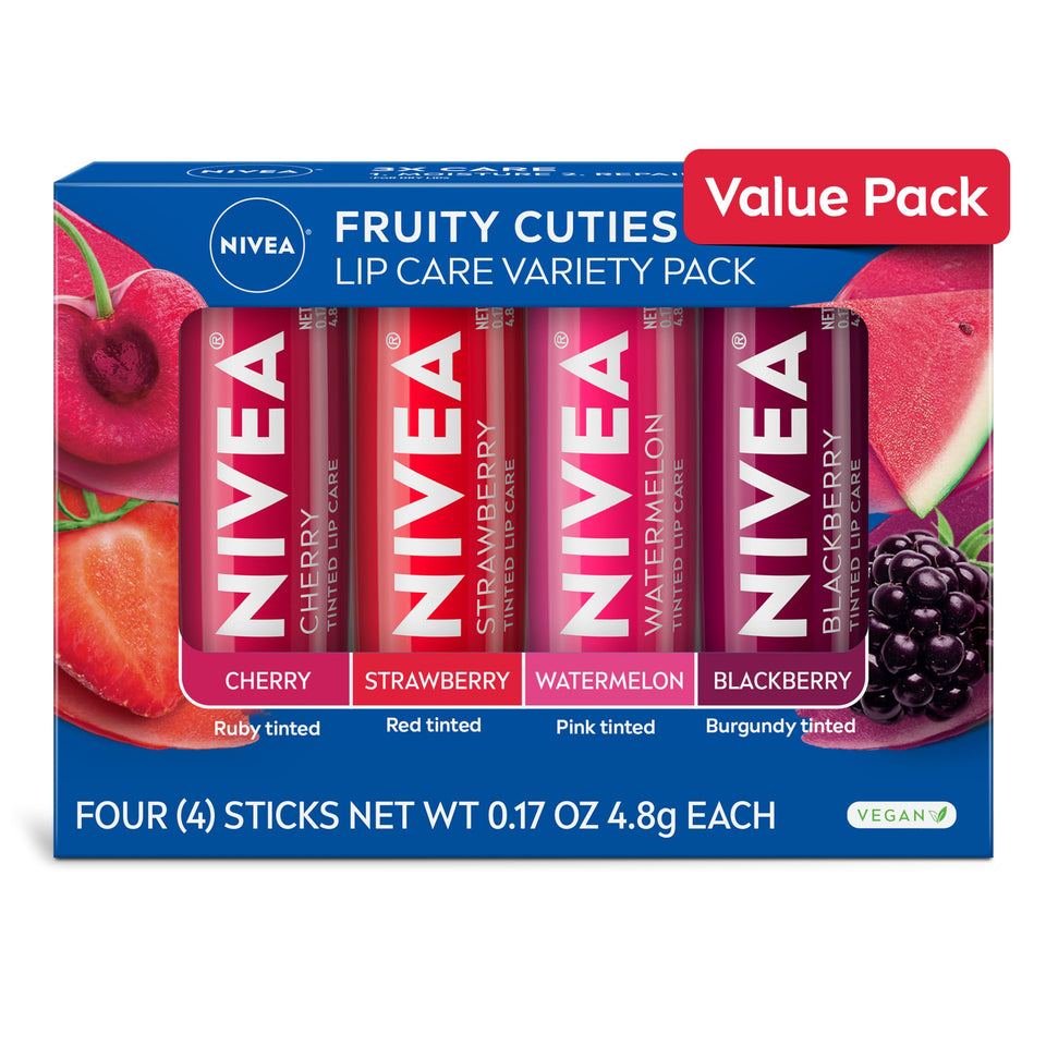 NIVEA front packaging showing four fruity tinted lip balms for easy selection