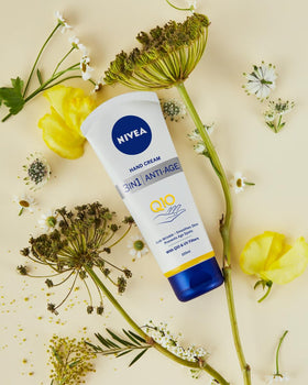 NIVEA ingredients display highlighting shea butter and Q10 for nourishing benefits